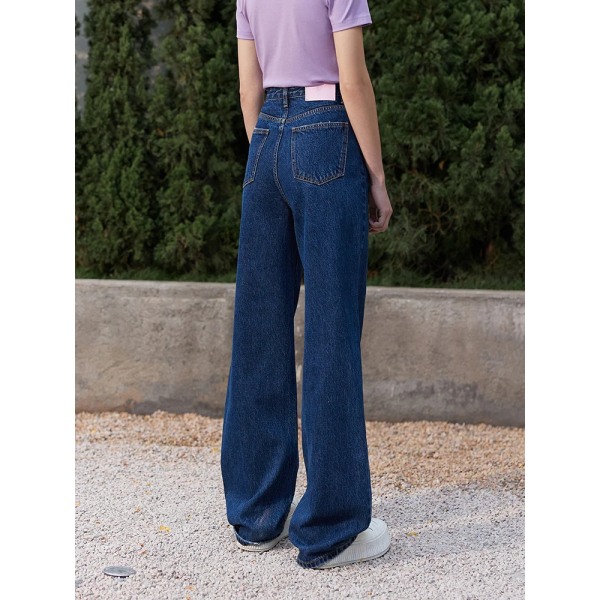 2023 våren nya bomulls jeans kvinnor fransk mode ihålig hög midja lösa byxor vida ben Mörkblå jeansbyxor 12240226 Navy Blue M