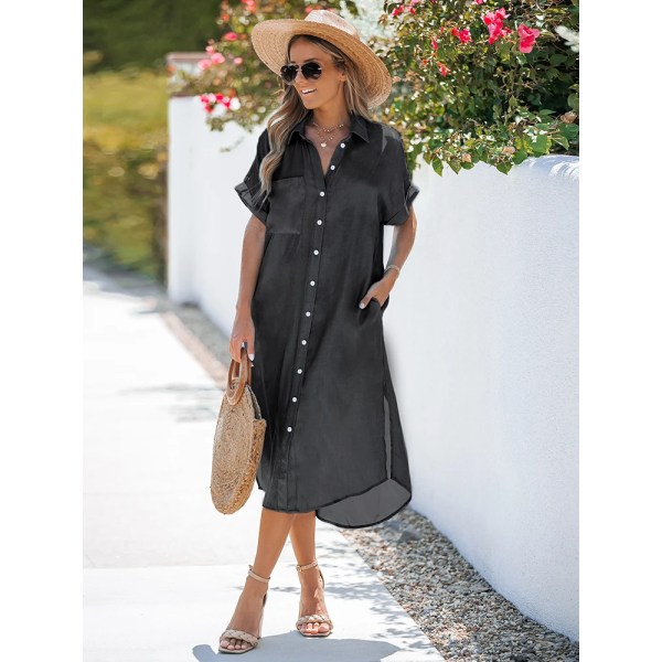 Skjorta krage Bell Sleeve Cover Up För Kvinnor Blå Sexig Lös Holiday Beach Button Dress 2023 Summer Midi Dress Beachwear CAA05A2G018TU L