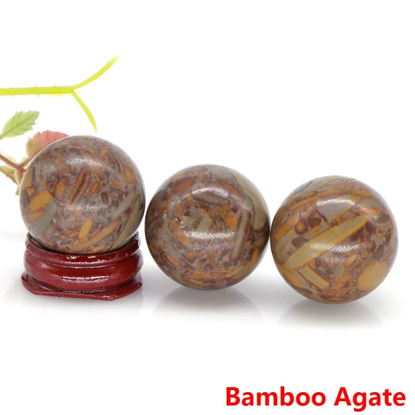 30 mm Naturstenar Ametist Rosenkvarts Reiki Healing Kristaller Energi Chakra Massage Ädelstenboll Heminredning Hantverk med stativ Bamboo Agate 5pcs