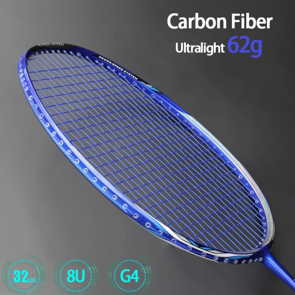 Carbon Fiber Super Light 8U 62g G4 Badmintonracket Strung Professional Racquet 4 färger Racket med snöre och väskor Padel Blue