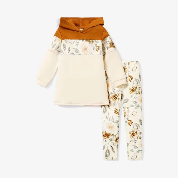 2-delad Kid Girl Blommönster Print Hoodie Sweatshirt och elastiska byxor Set Grey 9-10Years