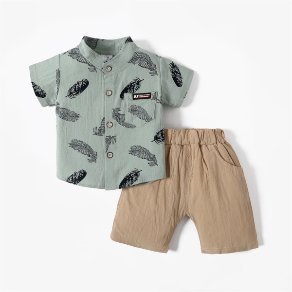 Newborn 2st Baby Boy Kläder 95 % bomull Kortärmad överallt print Button Up skjorta och solida shorts Set Barn Green 12-18 Months