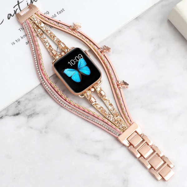 Läderarmband i metall För Apple Watch 8 7 45mm 41mm Ultra 49mm Smart watch smycken handledsrem För iwatch 6 5 4 3 SE44mm 42mm 40mm Pink For 38mm 40mm 41mm