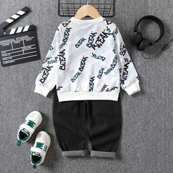 2st Toddler Trendig tröja med print & set med rippade jeans White 9-10Years
