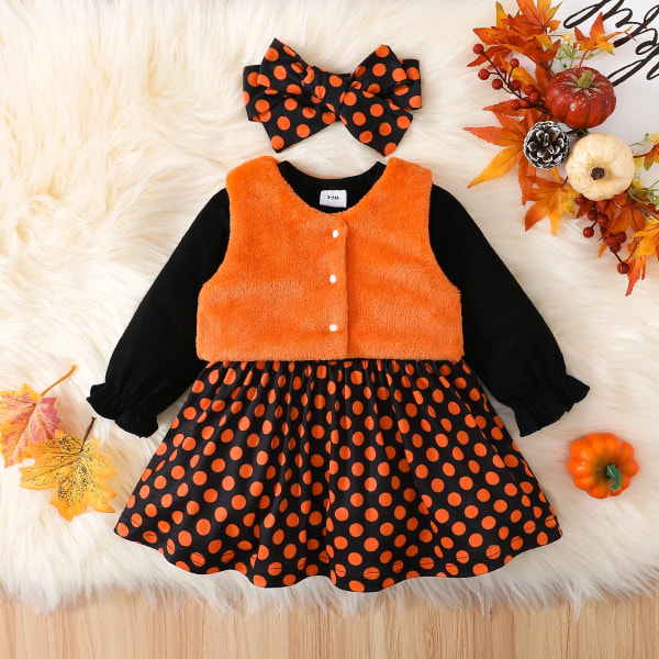 Halloween 3 st Baby Girl Långärmad brev- och print Splitsad prickig klänning och luddig väst med set Orange 12-18Months