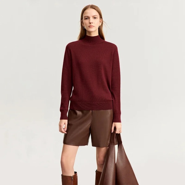 2023 Vinter Ny sömlös ylletröja för kvinnor Basics Halv turtleneck Comfy Fleece Solid Knitwear Jumper Lady 12324066 wine red M