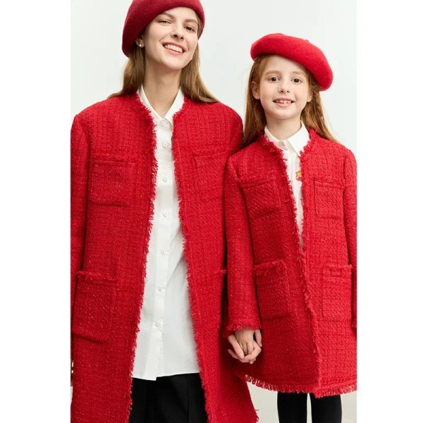 Barn Vinter Yllekappa för barn 2023 New Basics Varm ull & blandningar för flickor Vintage Mode Ytterkläder 22354011 China red 150cm