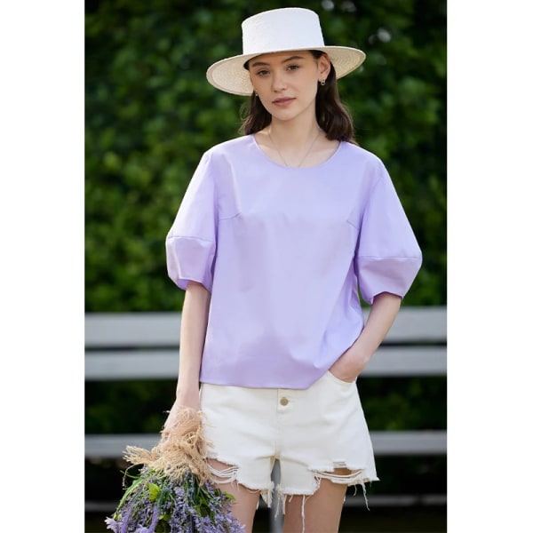 Minimalism Puff Lantern Sleeve Vit Dam Skjortor & Blusar Korta ärmar Lös Topp Fransk Dam Blus Pullovers 12342430 purple L