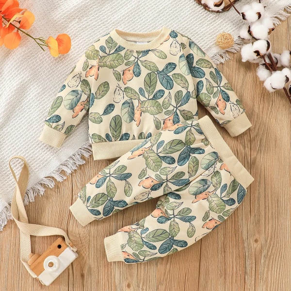 2st Baby Girl Allover Leaf Print Långärmad Sweatshirt och Sweatpants Set Beige 18-24Months