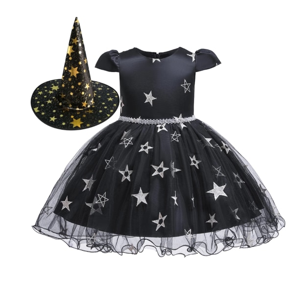 2 st Toddler Halloween Stjärnmönster Mesh Klänning och Hat Set Black 5-6 Years