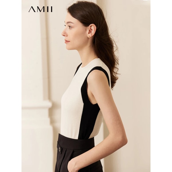 Minimalism Linne för Damkläder 2023 Sommar Rundhalsad Ärmlös Kontrastpanel Smal Ullstickad Crop Tops 12342410 Black M