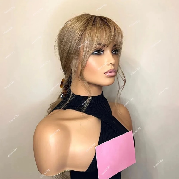 Bangs Peruk Helspets Highlight Peruk Ljusbrun Karamell Blond 13x6 HD Spets Front Peruk Ombre Loose Wave Remy Human Hair Fringe Peruker 13x4 lace front wig 14inches