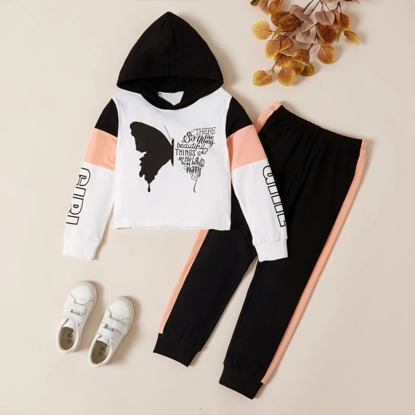 2-delad Kid Girl Butterfly Print Letter Huvtröja och byxor Set White 8-9 Years