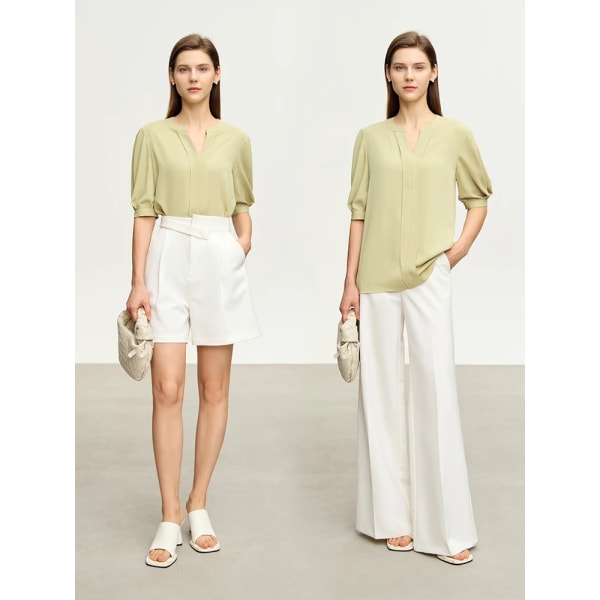 Minimalism Sommarmode Kvinna Blus 2023 Kontor Dam V-ringad Lyktärm Chiffong Toppar Dam Skjortor & blusar 12322153 green M