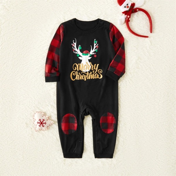 Familjematchande pyjamasset Merry Christmas Letter Antler Print Plaid Splash Pyjamasset för familjen (flammsäker) Grey Baby 12-18M