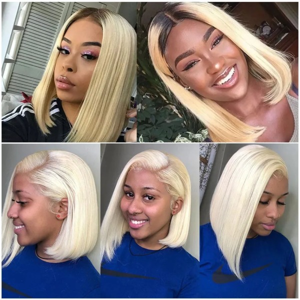 613 Ombre Blond Bob Peruk Människohår Kort Bob Peruk Spets Front Bob Peruk För Svarta Kvinnor Ben Rakt Människohår Spets Frontal Peruk 1B 16inches