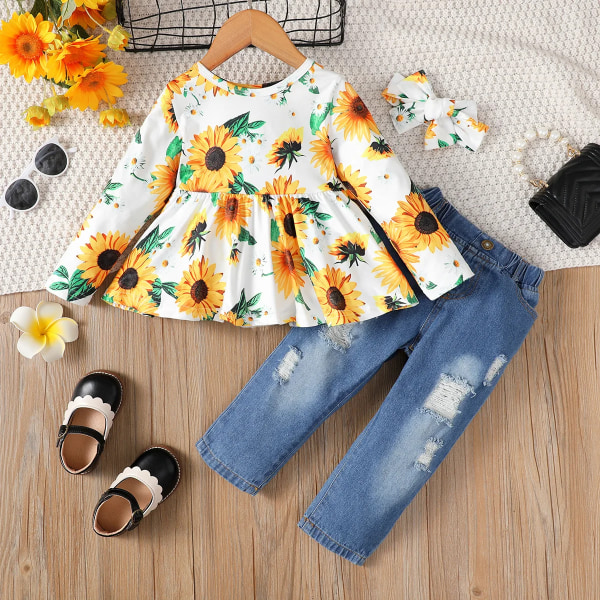 3st Toddler Sweet Ripped Denim Jeans & Print Tee och Pannband Set Yellow 4-5Years