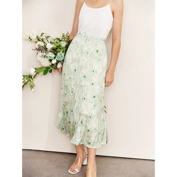 Minimalism Kjolar för kvinnor 2023 Sommar Office Lady Fold Ny Elegant rakt printed blommig chiffong långa kjolar 12270463 green M