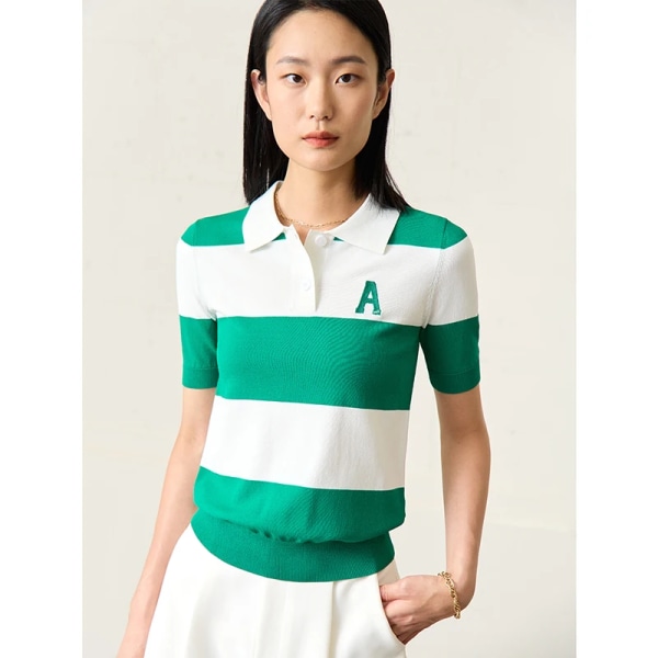 Minimalism Polo Neck Casual Cardigan för kvinnor Kontrast bredrandig kortärmad turndown krage stickade tröjor 12322087 green white L