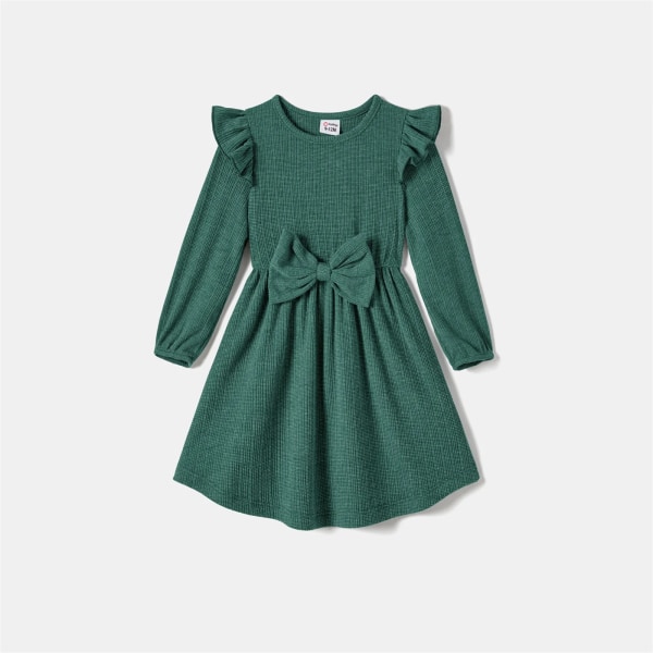 Familjematchande färgkontrast toppar och solid Surplice Neck Långärmade bältade klänningar DarkGreen Women XL