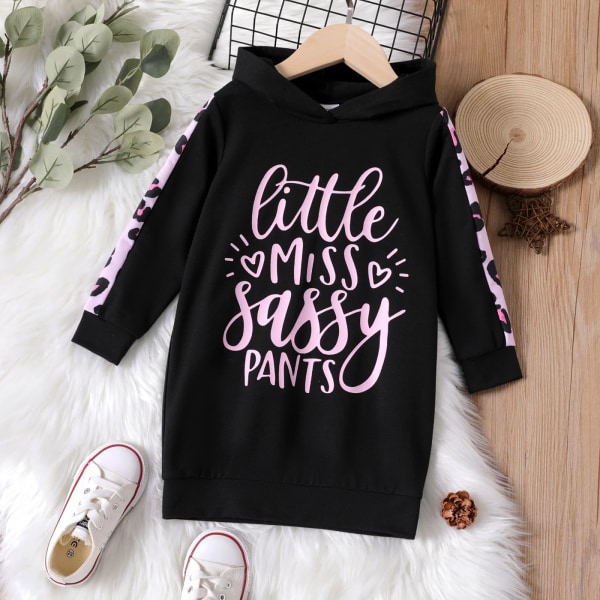 Toddler Girl Letter Leopard Print Svart Långärmad Hooded Sweatshirt Klänning Pink 3-4 Years