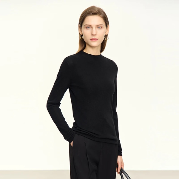 Minimalism Damkläder 2023 Solid Commuter Höst Ny Mock Neck Slim Wool Långärmad Mode Pullover Toppar 12343243 black L