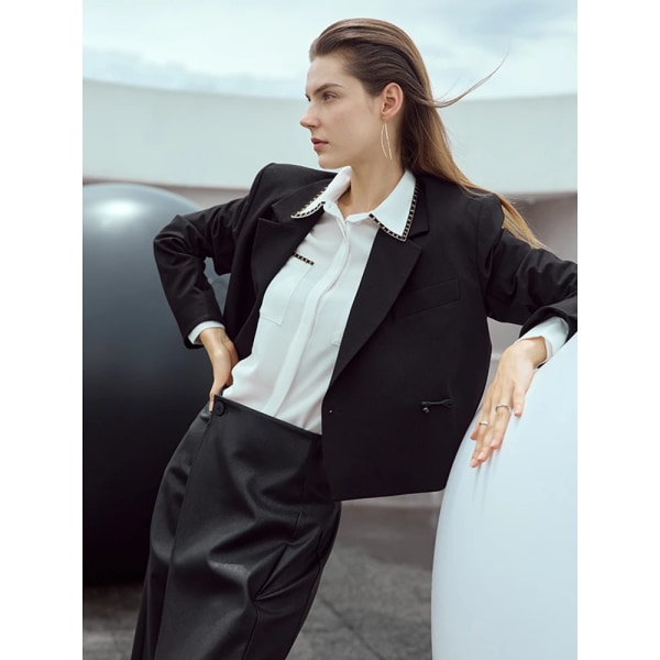 Minimalism 2023 höst chiffionskjorta för kvinnor Ny skarvad pikéhals kontor dam Solid fransk hel skjorta & blus 12323044 black XL