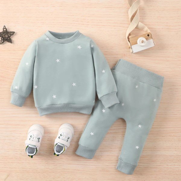 Sweatshirts för barn 2st Baby Boy Kläder Nyfödda All Over Polka Dots Långärmad pullover och byxa set Light Blue 3-6 Months