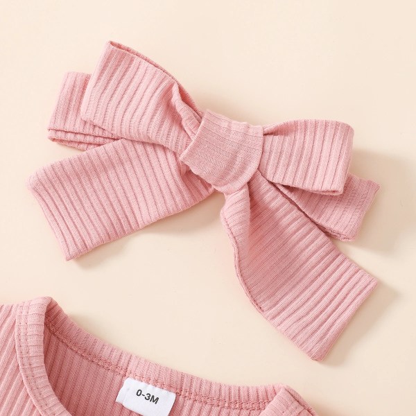 3st Baby Girl 95% bomull Ribbstickad Spetsad Långärmad Romper och Rutig hängselkjol med set Pink 12-18Months