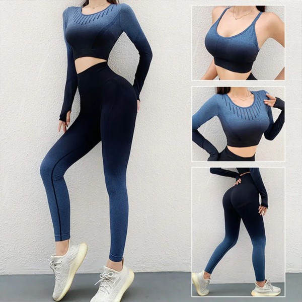 Ombre Seamless Yoga Set Gym Sportkläder Träningskläder för kvinnor Långärmad Sport BH Set Sportkläder Fitness Suit Gradient grey leggin S