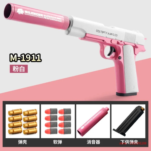 M1911 Glock Soft Bullet Toy Gun Skumutmatningsleksak Foam Dart Blaster Pistol Manuell Airsoft Gun med ljuddämpare för barn vuxen m1911 pink