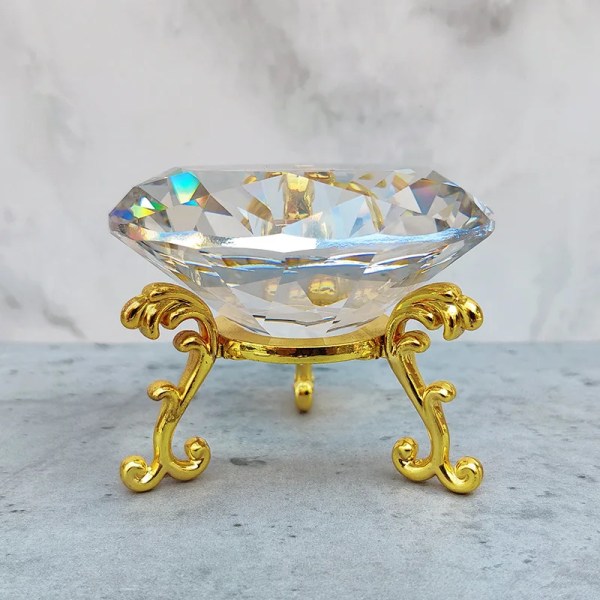 Klar kristalldiamant med metalltriangelställ pappersviktsglas pärla display prydnad hantverk bröllop heminredning presenter 80 mm amber