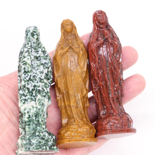 Handgjord Jungfru Maria Bönstaty Helande Kristallpärla Katolsk Skulptur Natursten Madonnafigurer Dekor Julklappar Sesame Red Stone 3 PCS