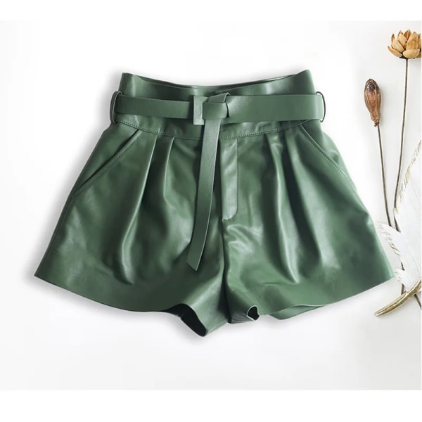 Kvinnor Harajuku äkta läder knopp veckade Falbala shorts med bälte Femme hög midja Hhaki/grön Casual Mujer Sexiga booty shorts green XXL