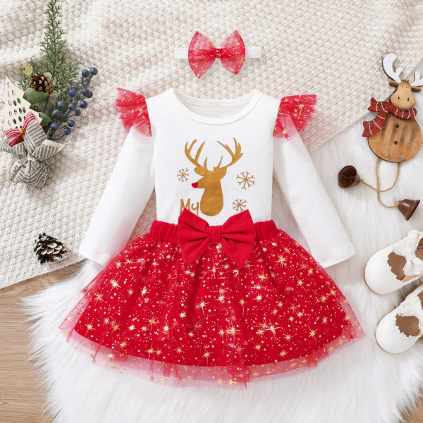 Jul 3st Baby Girl Ren & Print Volanger Långärmad Romper och Glitter Mesh Kjol med Pannband Set REDWHITE 3-6Months