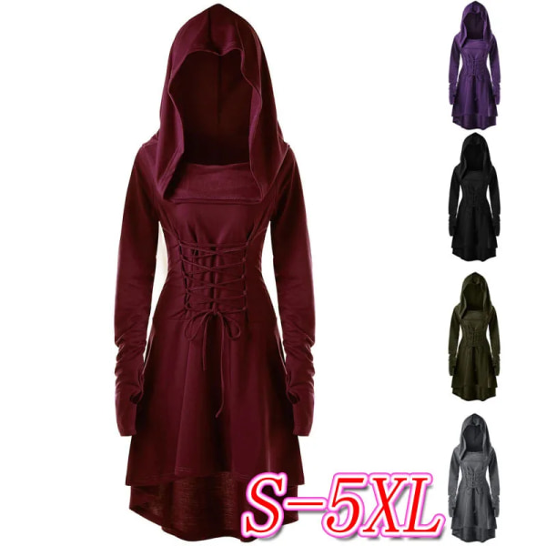 Gothic Witch Elven Mini Tail Dress Dam Långärmad Huva Halloween Kostym Nienna Spetsrock Hög Lågskuren Tunika Plus Size Claret Red XL