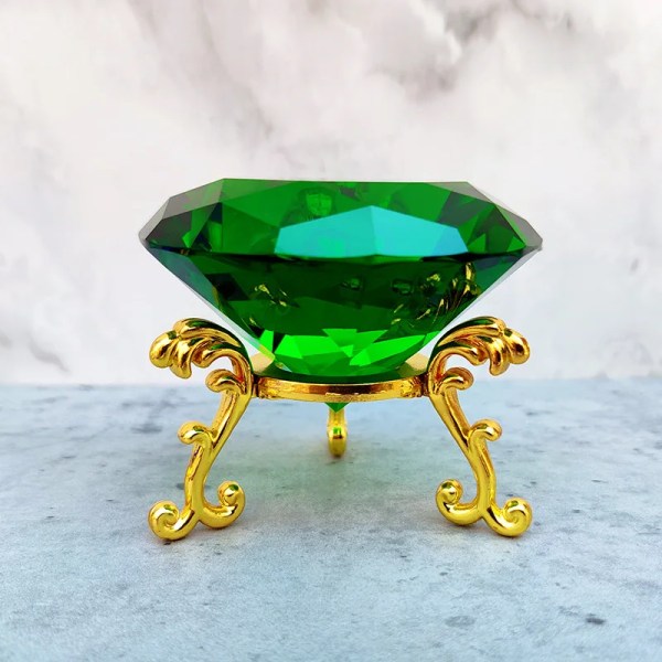 Klar kristalldiamant med metalltriangelställ pappersviktsglas pärla display prydnad hantverk bröllop heminredning presenter 80 mm green
