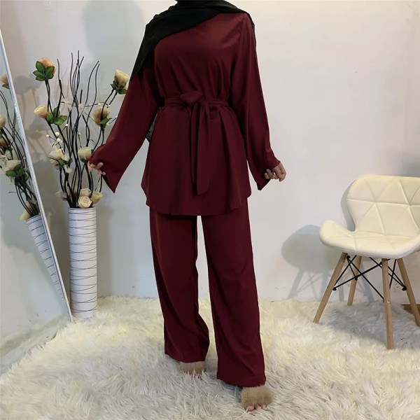 Eid Mubarak Kaftan Dubai Abaya Turkiet Muslimsk mode Hijab Klänning Sets Islam Kläder Abayas För Kvinnor Musulman Ensembles De Mode Wine Red Set L