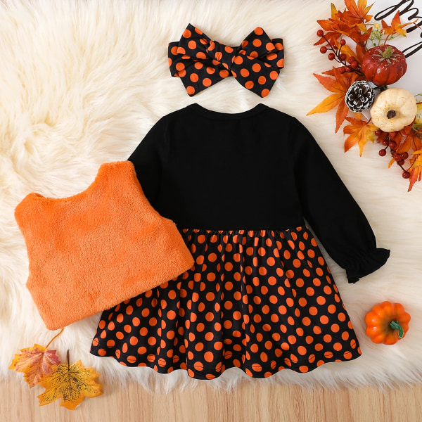 Halloween 3 st Baby Girl Långärmad brev- och print Splitsad prickig klänning och luddig väst med set Orange 12-18Months