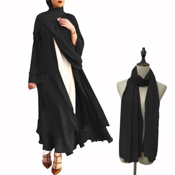 Ramadan Open Chiffong Abaya Dubai Kvinnor Sash Marocain Kaftan Eid Hijab Lång mantel Muslimsk mode Kläder Turkiet Vestido De Mujer Dress-hijab-black M