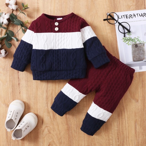 2st Baby Color Block Långärmad sweatshirt och byxa set Brown 12-18Months