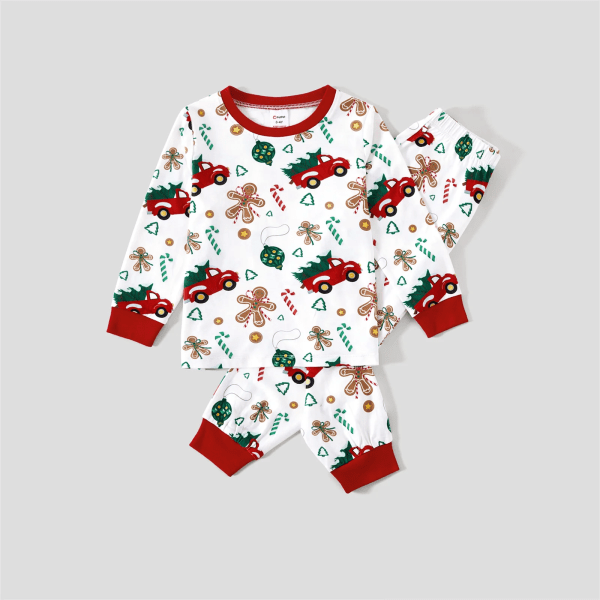 Christmas Family Matching Allover Red Truck Print Långärmad pyjamasset (flammsäker) White Kids8-9Years