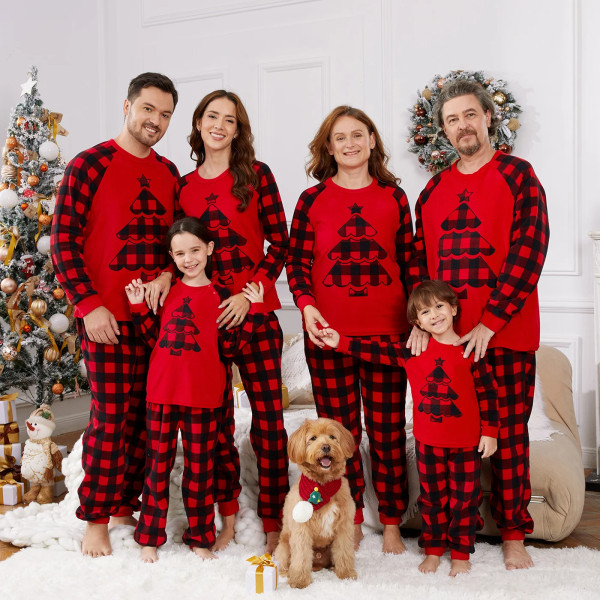 Julfamilj Matchande Xmas Tree Broderad Röd Pläd Raglan-ärm Förtjockad Polar Fleece Pyjamas Set redblack WomenS