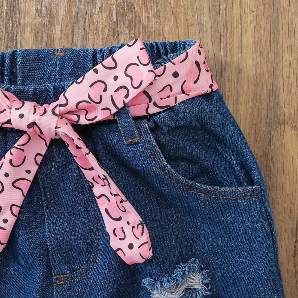 2 st Kid Girl Figure Print Långärmad rosa t-shirt och set med bälte och riven denim Pink 5-6 Years