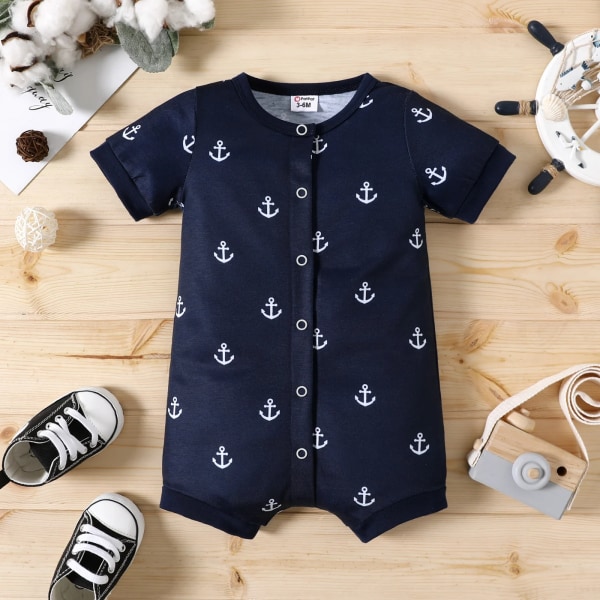 Baby Boy Print/ Randig Kortärmad Snap Romper Blueblackwhite 12-18Months