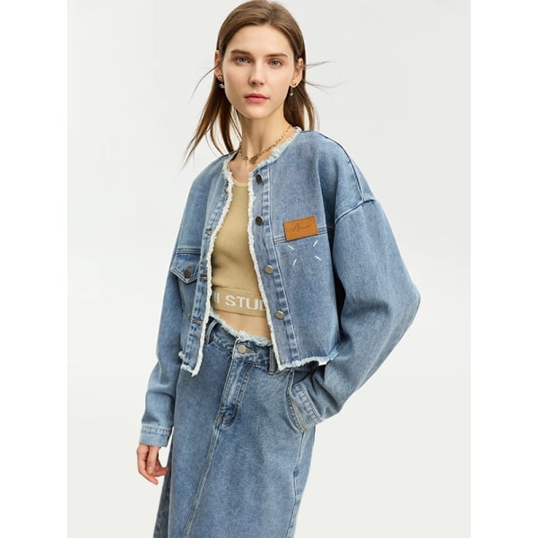 Minimalistisk Denim Nya klänningsset för kvinnor 2023 Höst Crew Neck Lös kappa Rak kjol Commuter Tvådelat set 12343096 denim blue jacket L