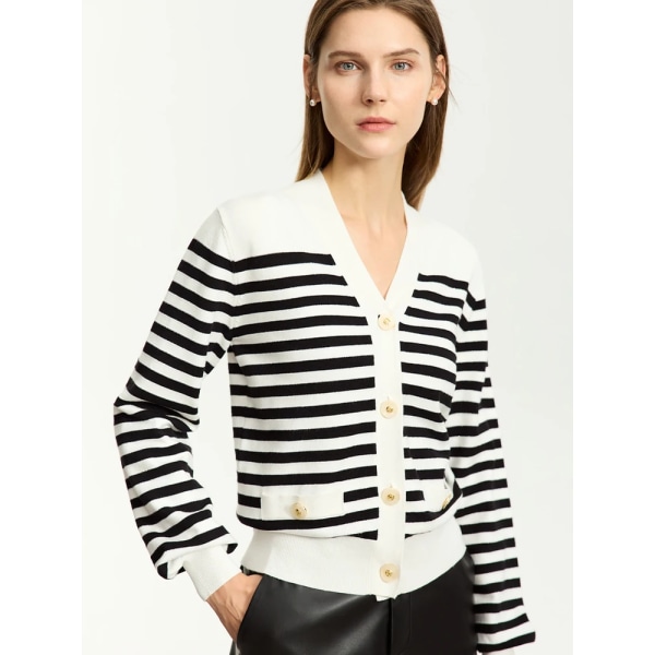 Minimalistisk 2023 Höstny Damkofta Lös V-ringad Randig Fransk Office Lady Små Doftande Stickade Tröjor 12343377 White-black striped L