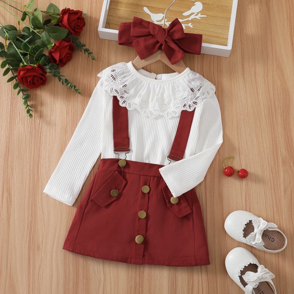 3 st Toddle Girl Ribbed Tee & Justerbar Suspender Kjol och Pannband Set WineRed 4-5 Years