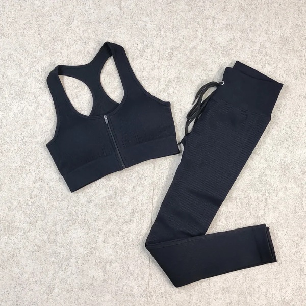 2/3 delar sömlös set Fitness för kvinnor Träning Sportkläder Sportkläder för kvinna Dragkedja Långärmad topp Gymkläder Green pant bra set L (62-75KG)