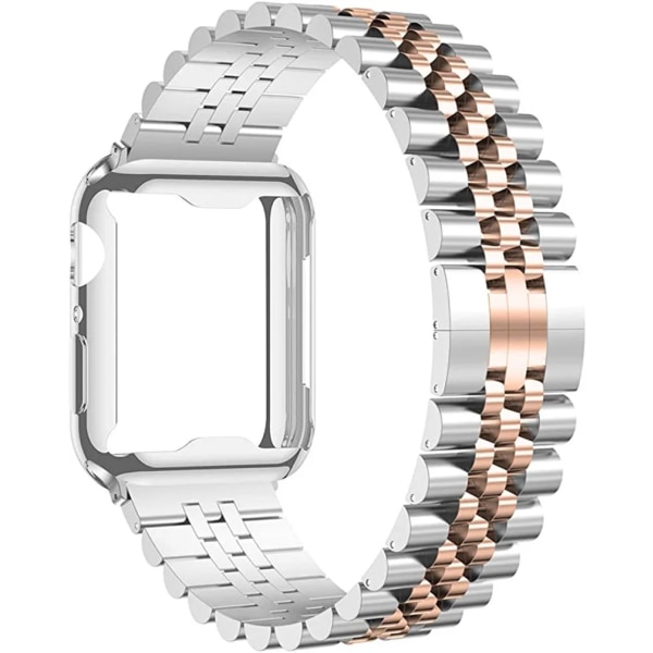 Metallrem+TPU softshell För Apple Watch 7 45mm 41mm Rostfritt stål Watch Armband För iwatch 6 5 4 SE 3 44mm 42mm 40mm 38mm Silver rose gold For 41mm